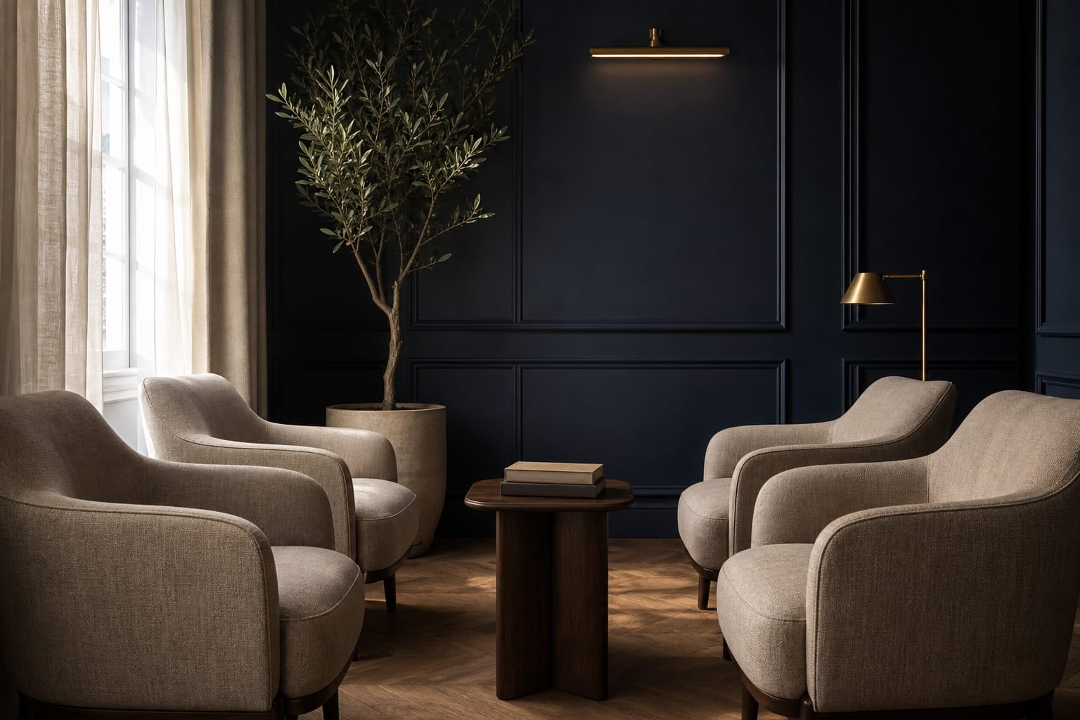 Private consulting lounge with leather seating and warm lighting
